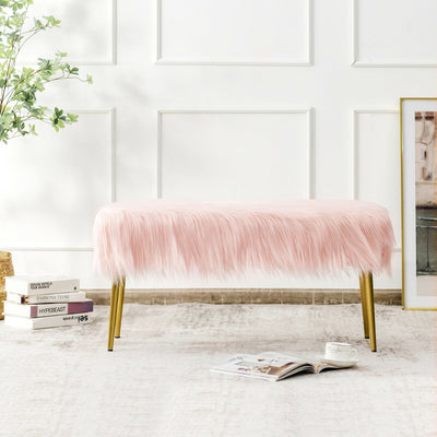 Upholstered Faux Fur Vanity Stool with Golden Legs for Makeup Room-Pink