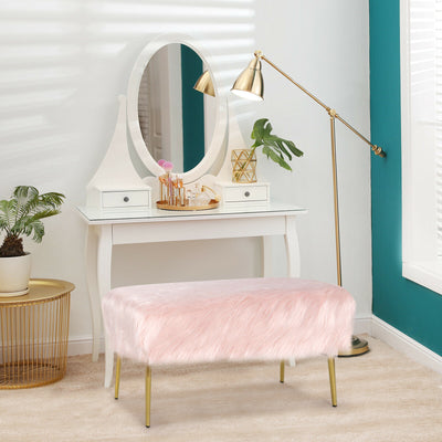 Upholstered Faux Fur Vanity Stool with Golden Legs for Makeup Room-Pink