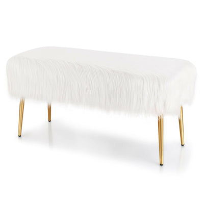 Faux Fur Vanity Stool with Golden Metal Legs for Makeup Room-White