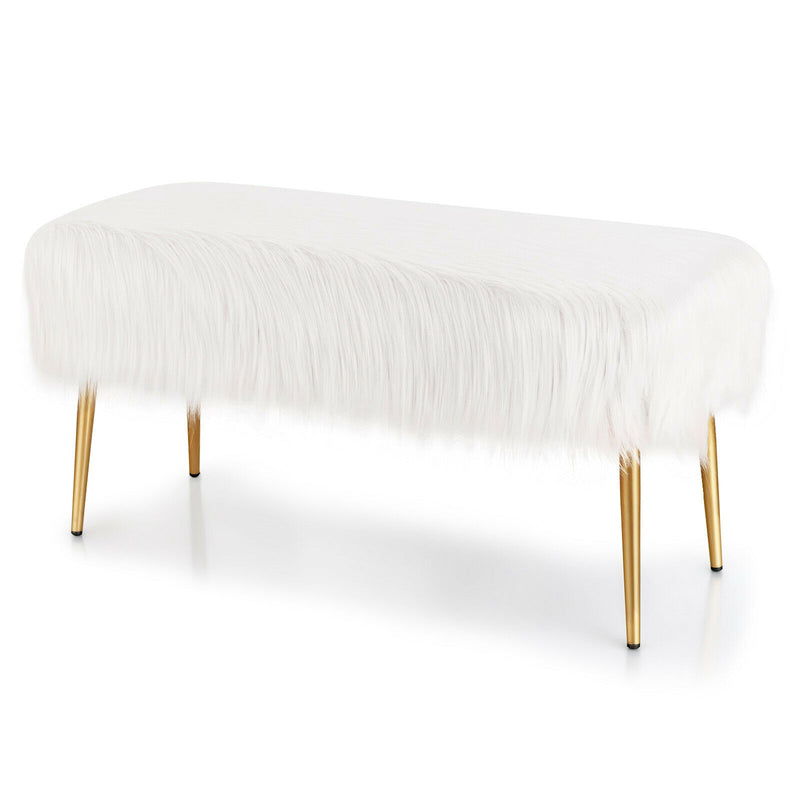 Faux Fur Vanity Stool with Golden Metal Legs for Makeup Room-White