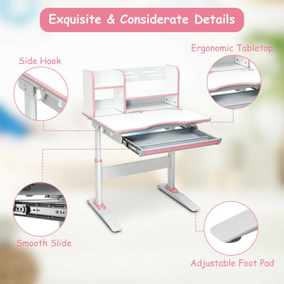 Kids Multifunctional Writing Desk with Tilt Desktop and Book Shelf-Pink