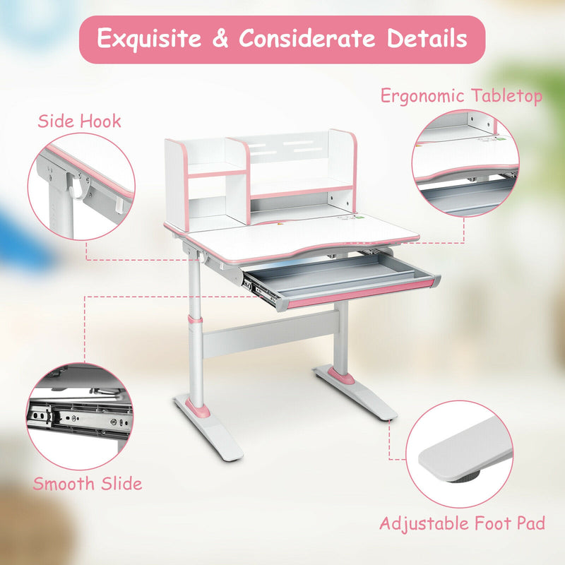 Kids Multifunctional Writing Desk with Tilt Desktop and Book Shelf-Pink