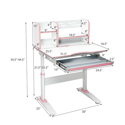 Kids Multifunctional Writing Desk with Tilt Desktop and Book Shelf-Pink