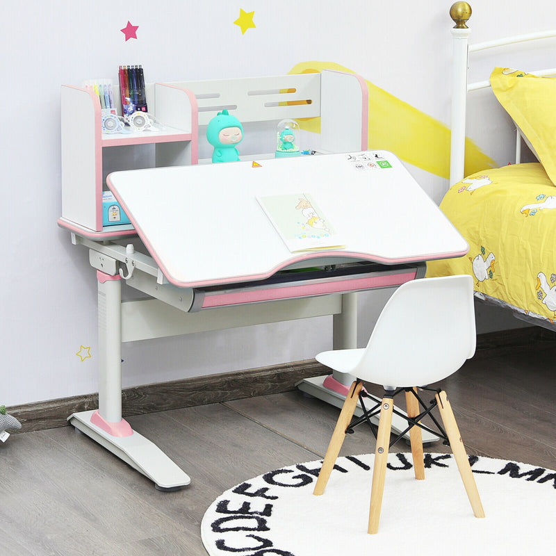 Kids Multifunctional Writing Desk with Tilt Desktop and Book Shelf-Pink
