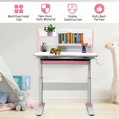 Kids Multifunctional Writing Desk with Tilt Desktop and Book Shelf-Pink