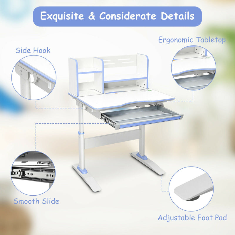 Kids Multifunctional Writing Desk with Tilt Desktop and Book Shelf-Blue