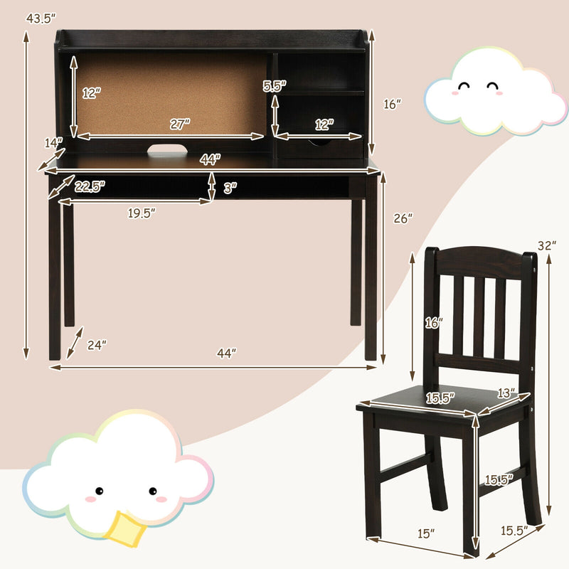 Kids Desk and Chair Set Study Writing Desk with Hutch and Bookshelves-Brown