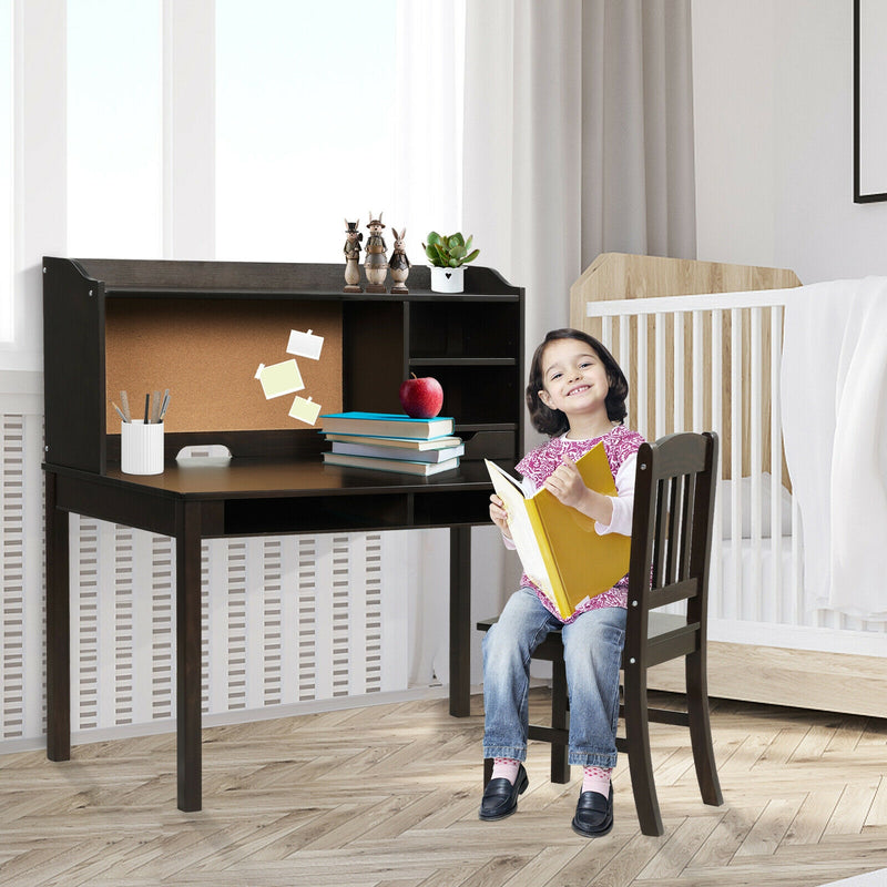 Kids Desk and Chair Set Study Writing Desk with Hutch and Bookshelves-Brown