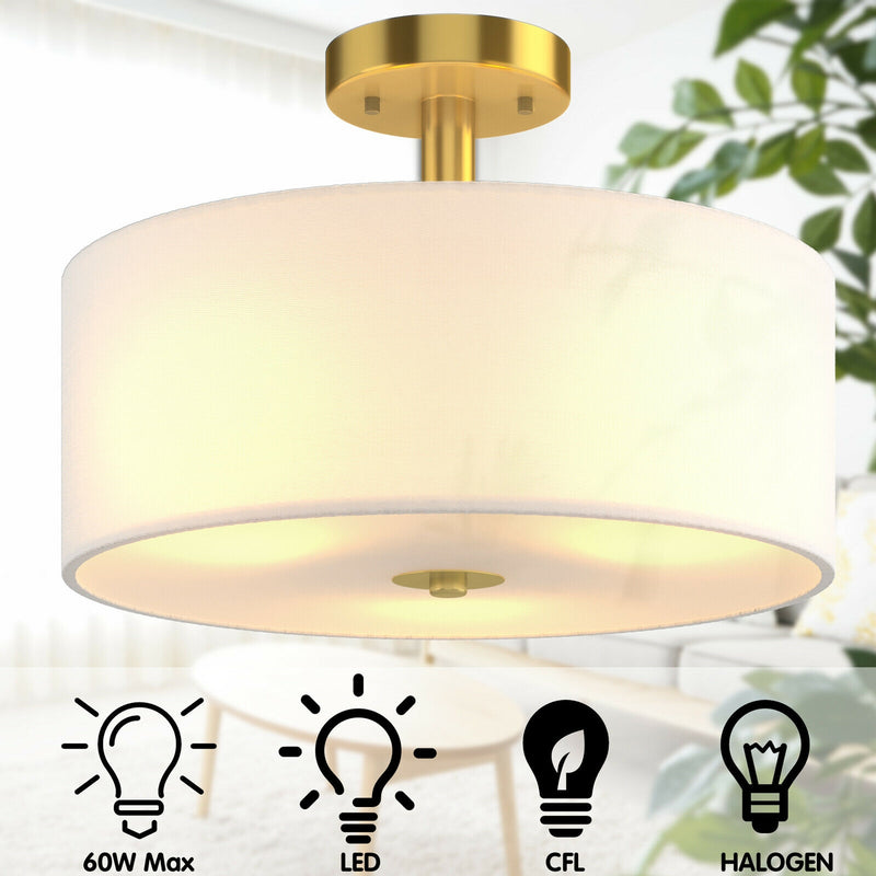 3-Light Semi Flush Mount Ceiling Light Fixture Glass Drum Pendant Lamp