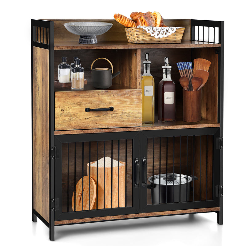Buffet Server Sideboard Kitchen Storage Cabinet with Drawer and Steel Doors-Rustic Brown