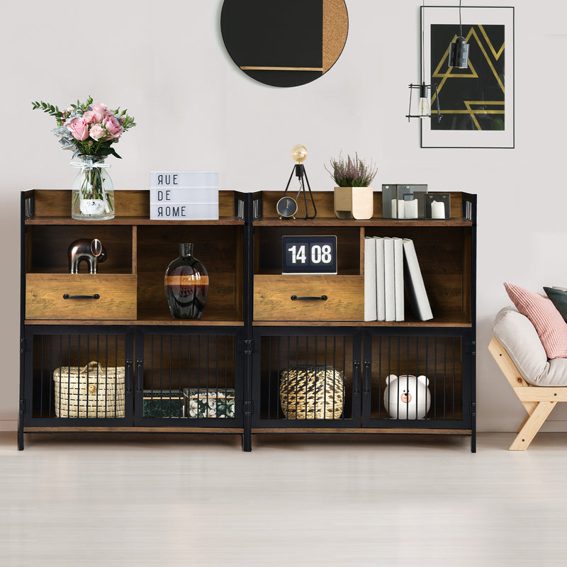 Buffet Server Sideboard Kitchen Storage Cabinet with Drawer and Steel Doors-Rustic Brown