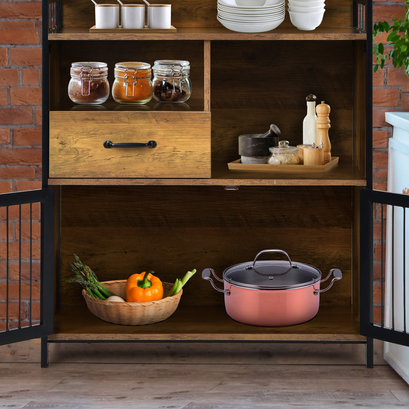 Buffet Server Sideboard Kitchen Storage Cabinet with Drawer and Steel Doors-Rustic Brown