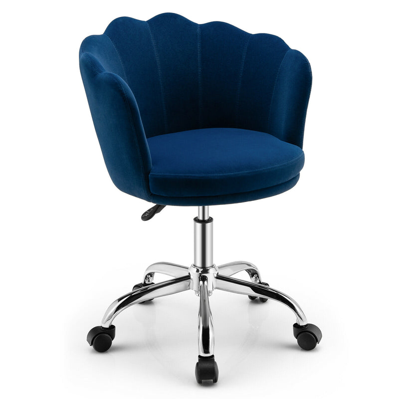 Upholstered Velvet Kids Desk Chair with Wheels and Seashell Back-Blue
