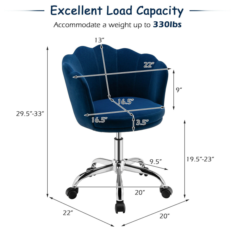 Upholstered Velvet Kids Desk Chair with Wheels and Seashell Back-Blue