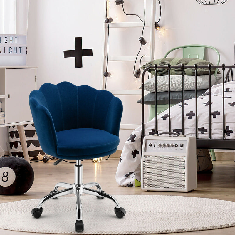 Upholstered Velvet Kids Desk Chair with Wheels and Seashell Back-Blue