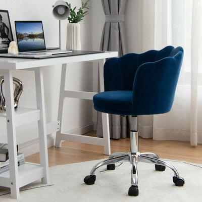 Upholstered Velvet Kids Desk Chair with Wheels and Seashell Back-Blue