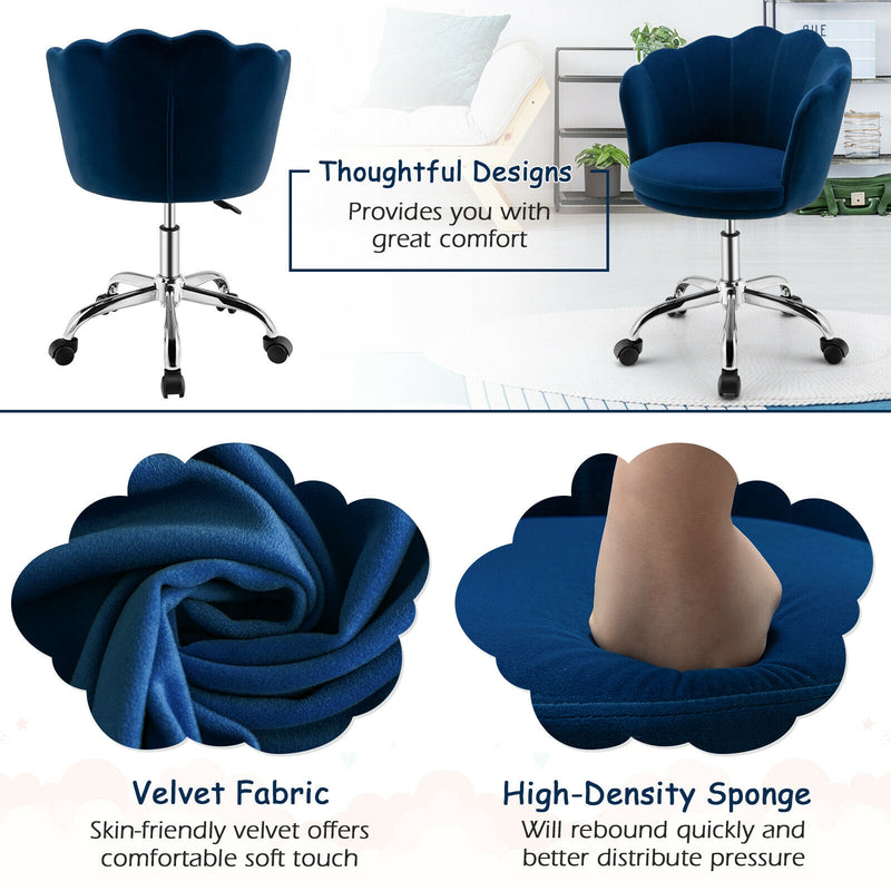 Upholstered Velvet Kids Desk Chair with Wheels and Seashell Back-Blue
