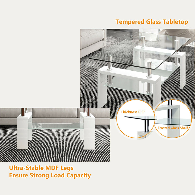 Rectangular Tempered Glass Coffee Table End Side Table with Shelf-White