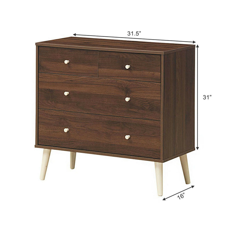 4-Drawer Dresser Cabinet Storage Organizer Rubber Leg with Rail-Walnut