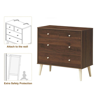 4-Drawer Dresser Cabinet Storage Organizer Rubber Leg with Rail-Walnut