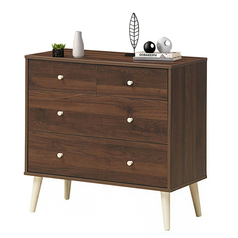 4-Drawer Dresser Cabinet Storage Organizer Rubber Leg with Rail-Walnut