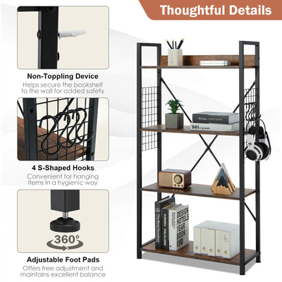4 -Tier Industrial Open Storage Bookshelf-Rustic Brown