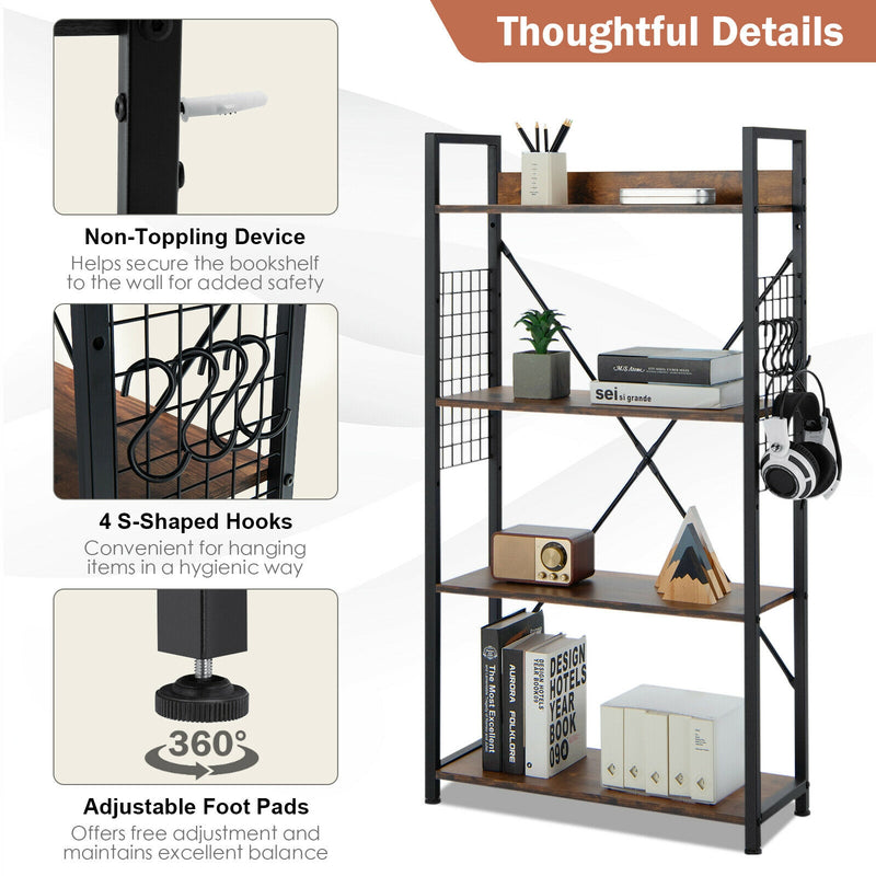 4 -Tier Industrial Open Storage Bookshelf-Rustic Brown