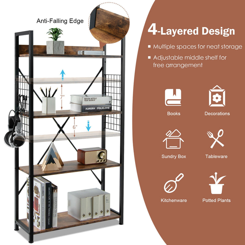 4 -Tier Industrial Open Storage Bookshelf-Rustic Brown
