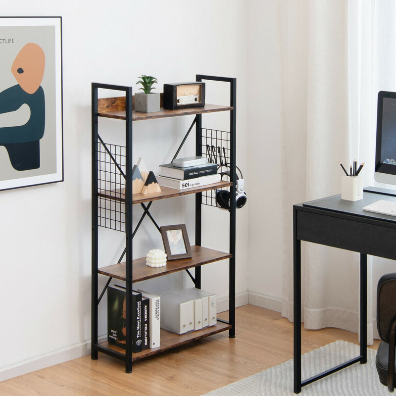 4 -Tier Industrial Open Storage Bookshelf-Rustic Brown