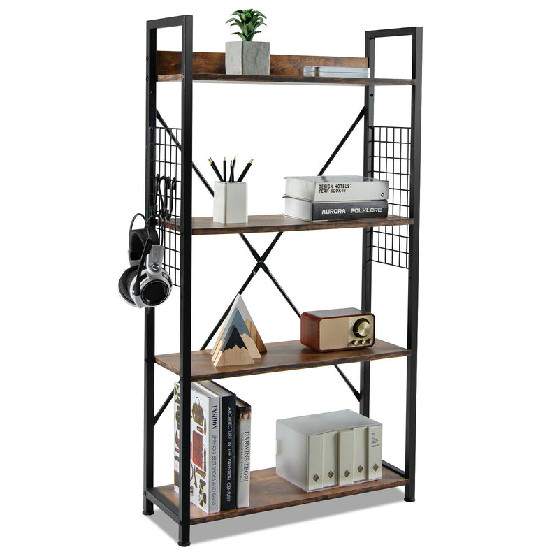 4 -Tier Industrial Open Storage Bookshelf-Rustic Brown