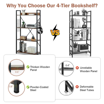 4 -Tier Industrial Open Storage Bookshelf-Rustic Brown