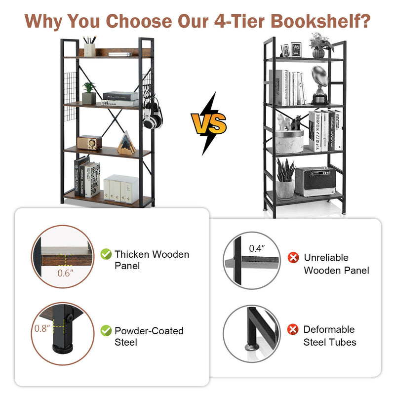 4 -Tier Industrial Open Storage Bookshelf-Rustic Brown