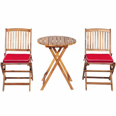 3 Pieces Patio Folding Wooden Bistro Set Cushioned Chair-Red