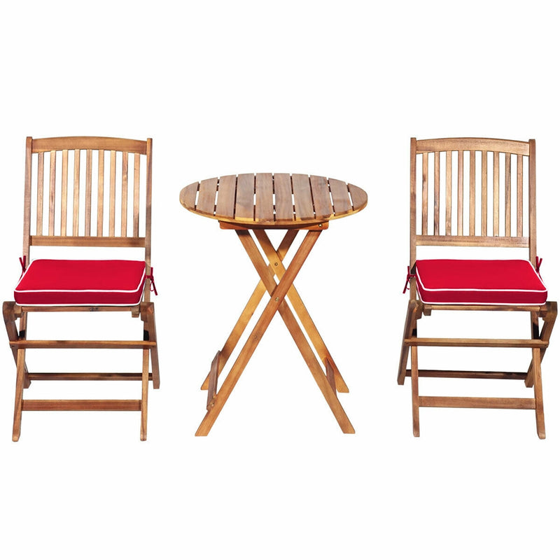 3 Pieces Patio Folding Wooden Bistro Set Cushioned Chair-Red