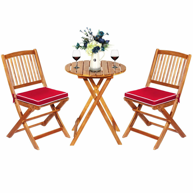 3 Pieces Patio Folding Wooden Bistro Set Cushioned Chair-Red