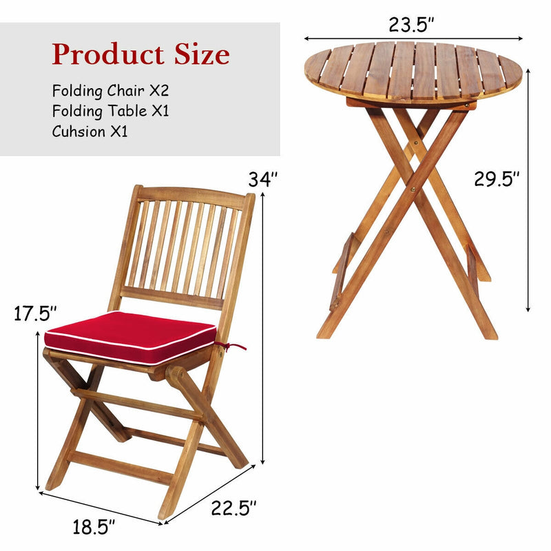 3 Pieces Patio Folding Wooden Bistro Set Cushioned Chair-Red