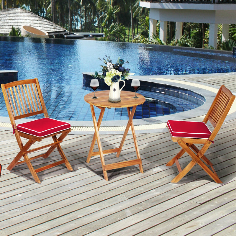 3 Pieces Patio Folding Wooden Bistro Set Cushioned Chair-Red
