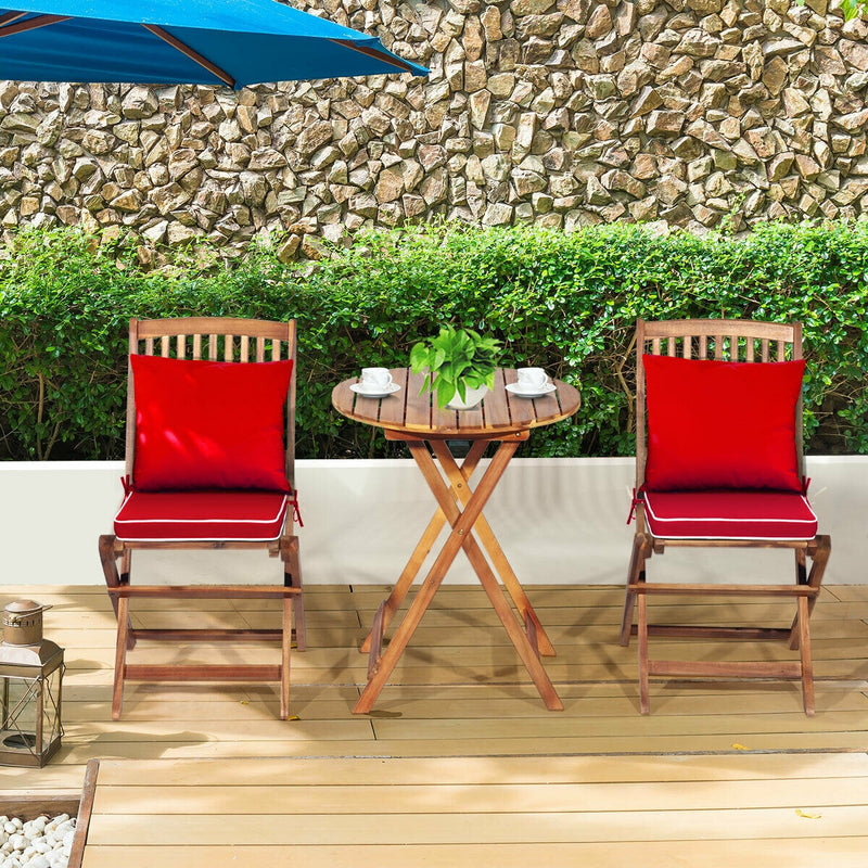 3 Pieces Patio Folding Wooden Bistro Set Cushioned Chair-Red