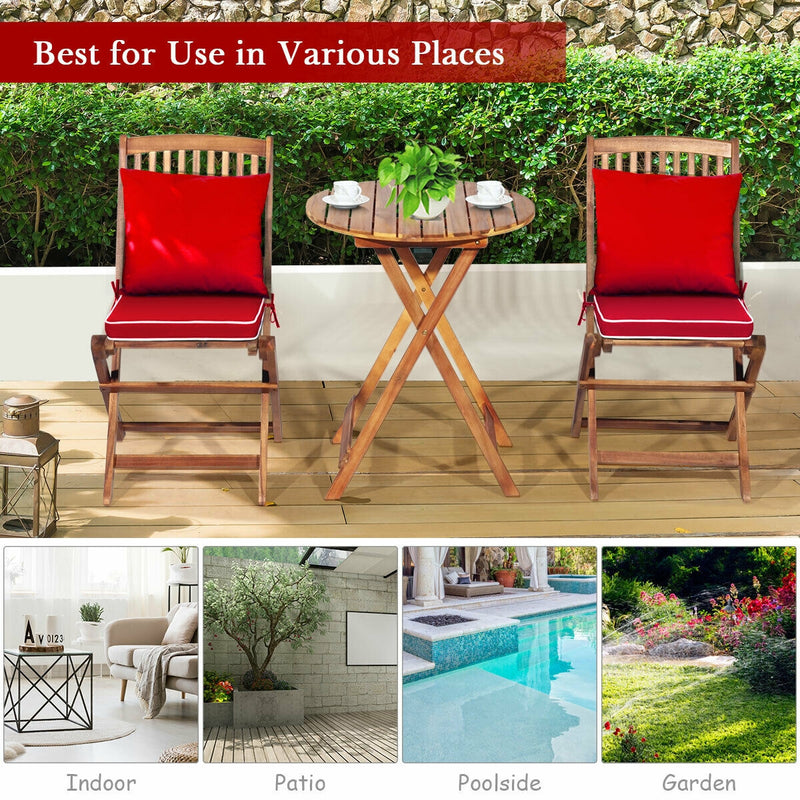 3 Pieces Patio Folding Wooden Bistro Set Cushioned Chair-Red