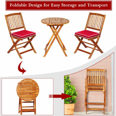 3 Pieces Patio Folding Wooden Bistro Set Cushioned Chair-Red