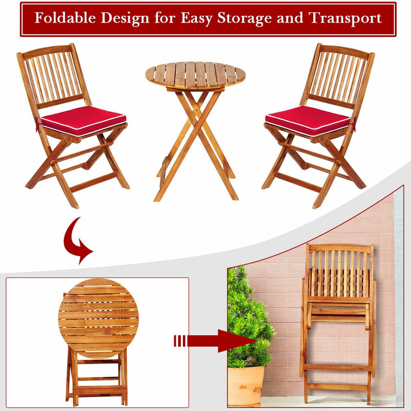 3 Pieces Patio Folding Wooden Bistro Set Cushioned Chair-Red