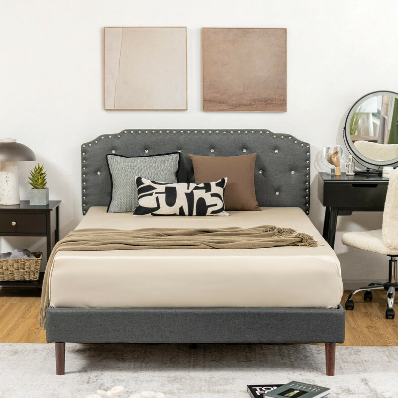 Upholstered Bed Frame with Adjustable Diamond Button Headboard-Full Size