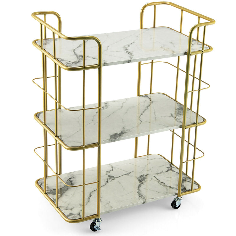 *3-Tier Metal Kitchen Storage Serving Cart Trolley with Marble Tabletop and Handles