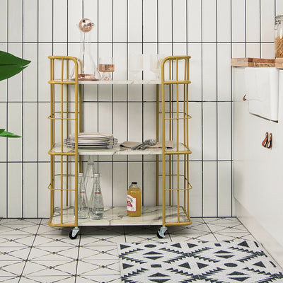 *3-Tier Metal Kitchen Storage Serving Cart Trolley with Marble Tabletop and Handles
