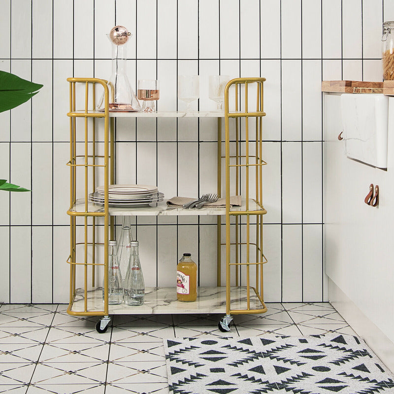 *3-Tier Metal Kitchen Storage Serving Cart Trolley with Marble Tabletop and Handles