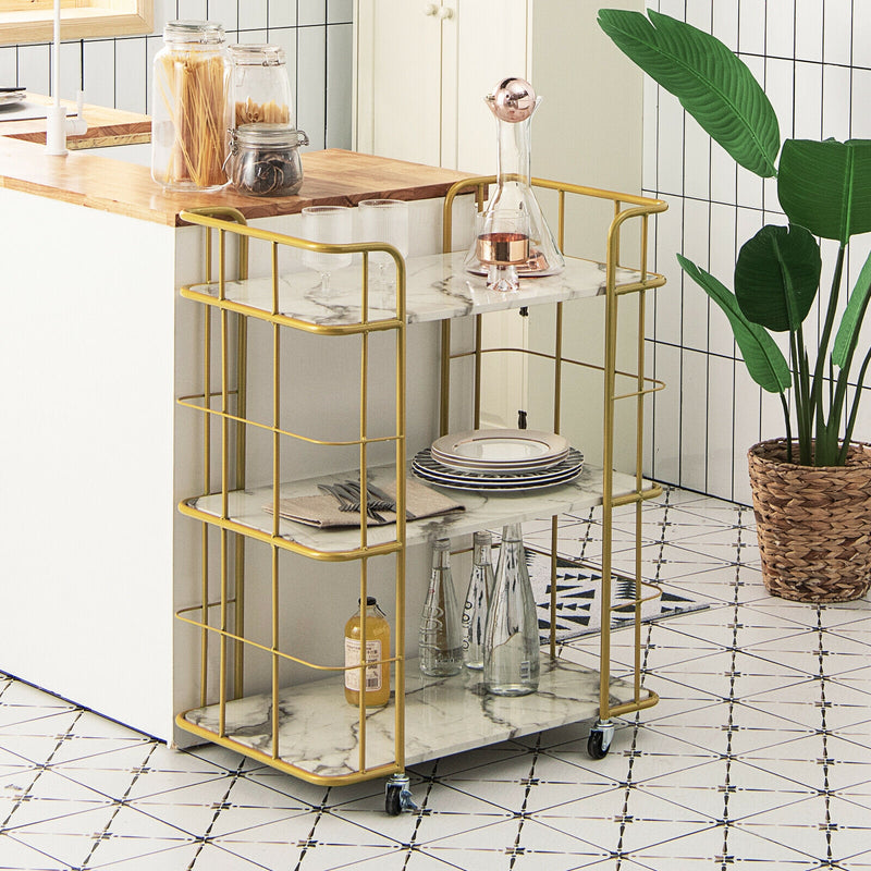 *3-Tier Metal Kitchen Storage Serving Cart Trolley with Marble Tabletop and Handles