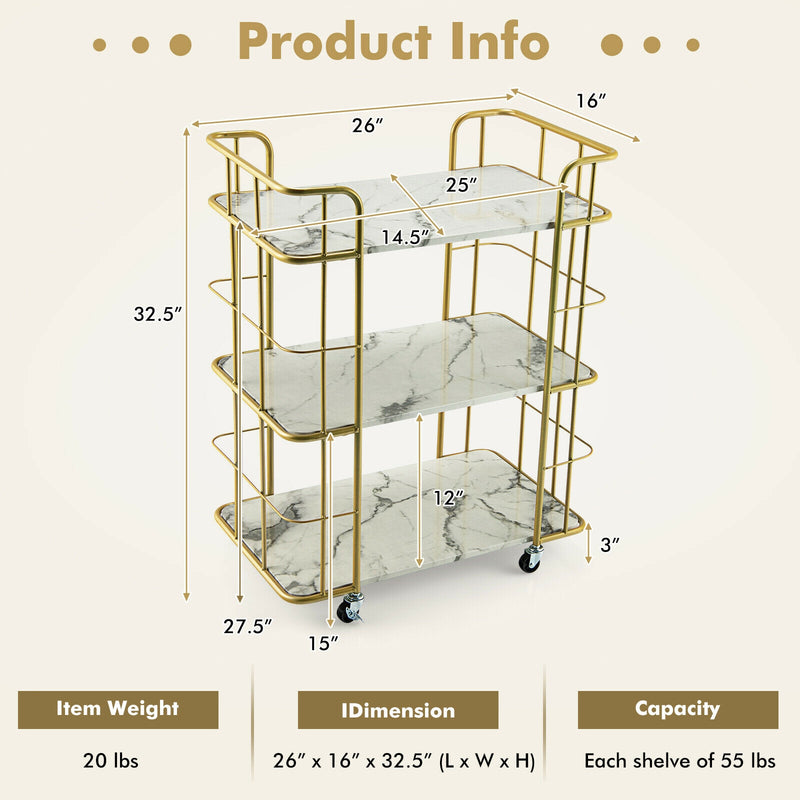 *3-Tier Metal Kitchen Storage Serving Cart Trolley with Marble Tabletop and Handles