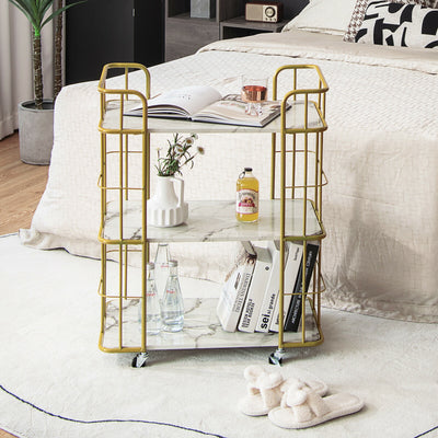 *3-Tier Metal Kitchen Storage Serving Cart Trolley with Marble Tabletop and Handles