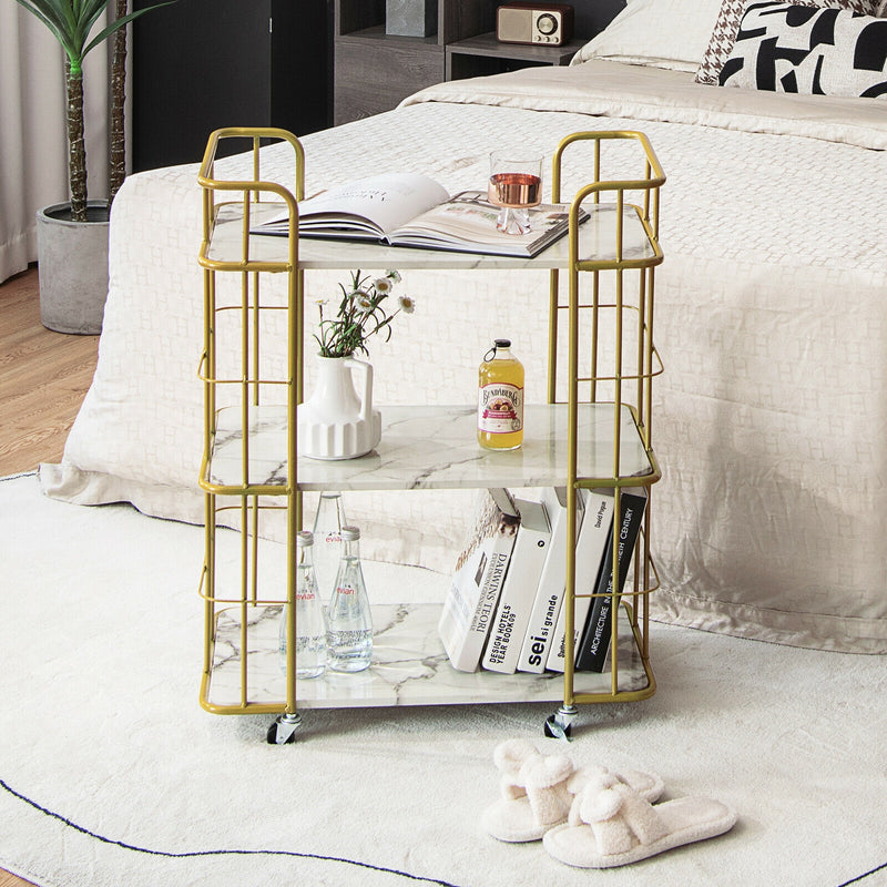 *3-Tier Metal Kitchen Storage Serving Cart Trolley with Marble Tabletop and Handles