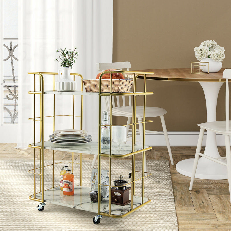 *3-Tier Metal Kitchen Storage Serving Cart Trolley with Marble Tabletop and Handles